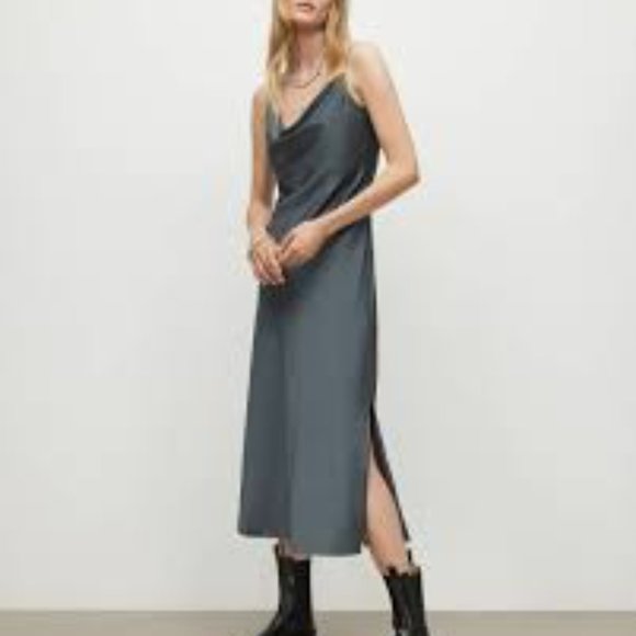 BNWT All saints Hadley Cowl Neck Midi Slip dress - Washed Grey - size 6 - Picture 5 of 15